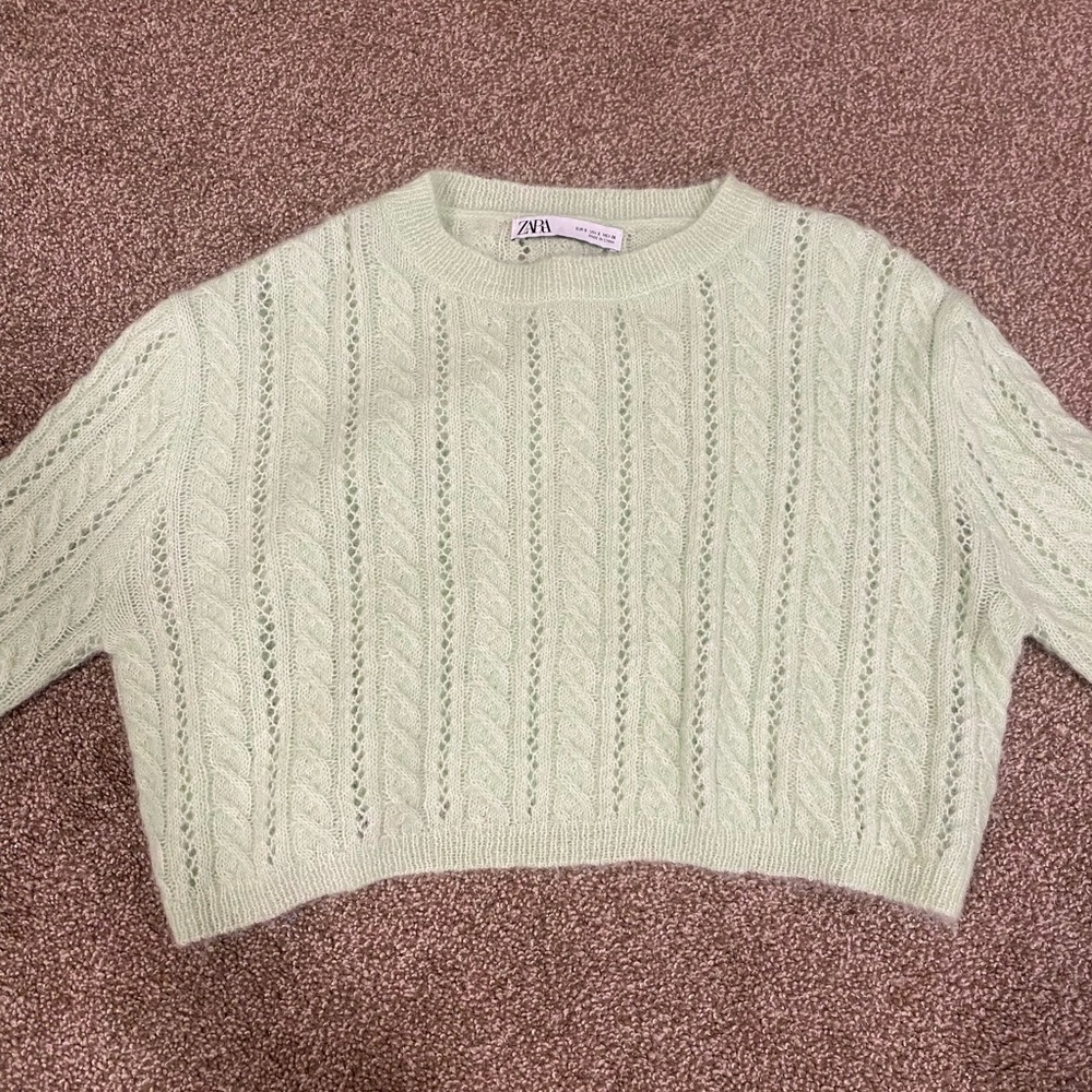 Zara Light Green Textured Knit Sweater